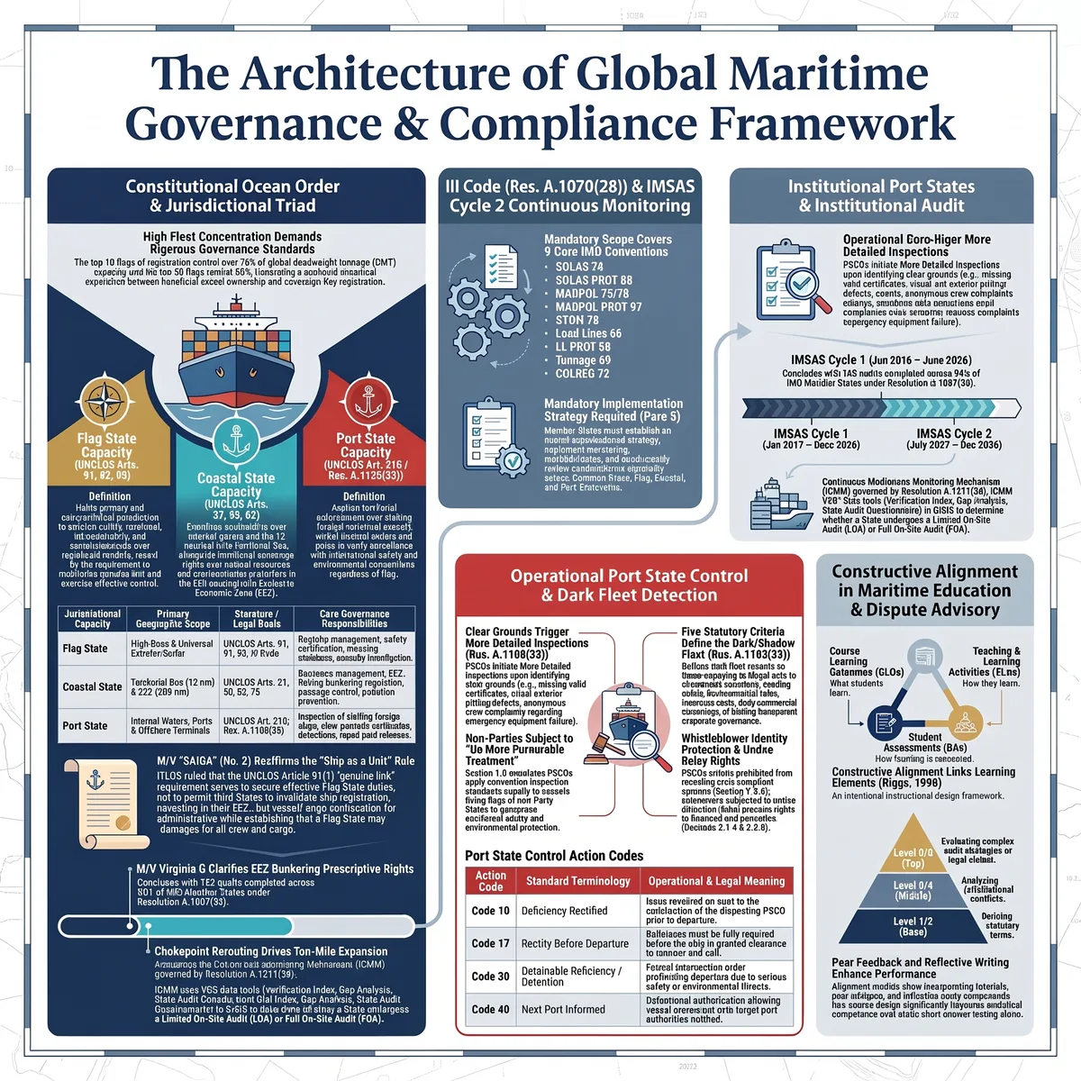 Infographic on the architecture of global maritime governance: the flag, coastal and port State triad under UNCLOS, the III Code and IMSAS audit cycles, port State control procedures and action codes, and constructive alignment in maritime education.