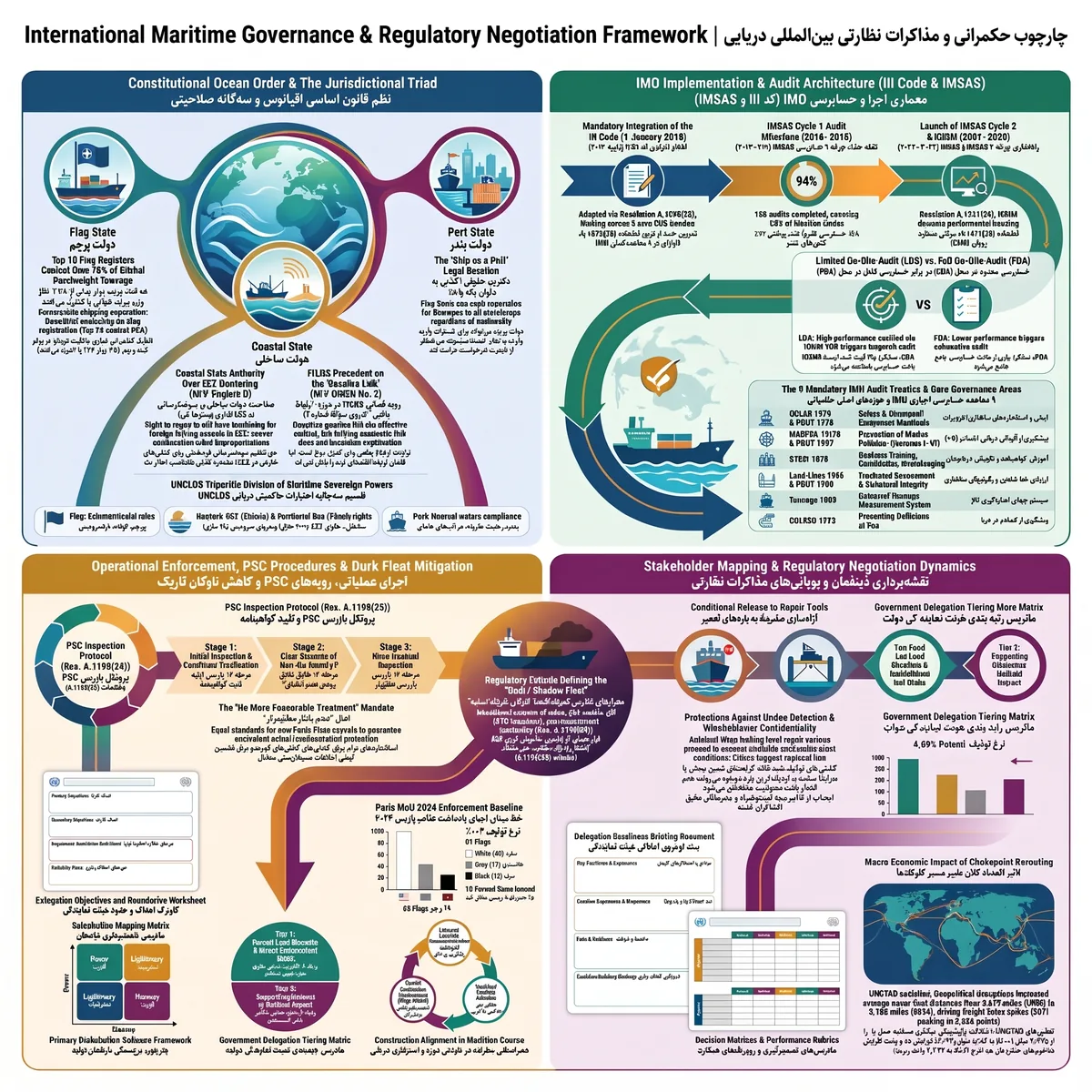 Bilingual infographic in four quadrants on the jurisdictional order of the oceans, the IMO implementation and audit architecture, port State control procedures, and stakeholder mapping for regulatory negotiation.