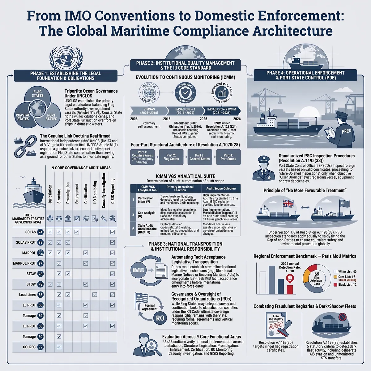 Infographic showing four phases from IMO conventions to domestic enforcement: legal foundation under UNCLOS, III Code quality management and IMSAS, national transposition and oversight of recognised organisations, and port State control.