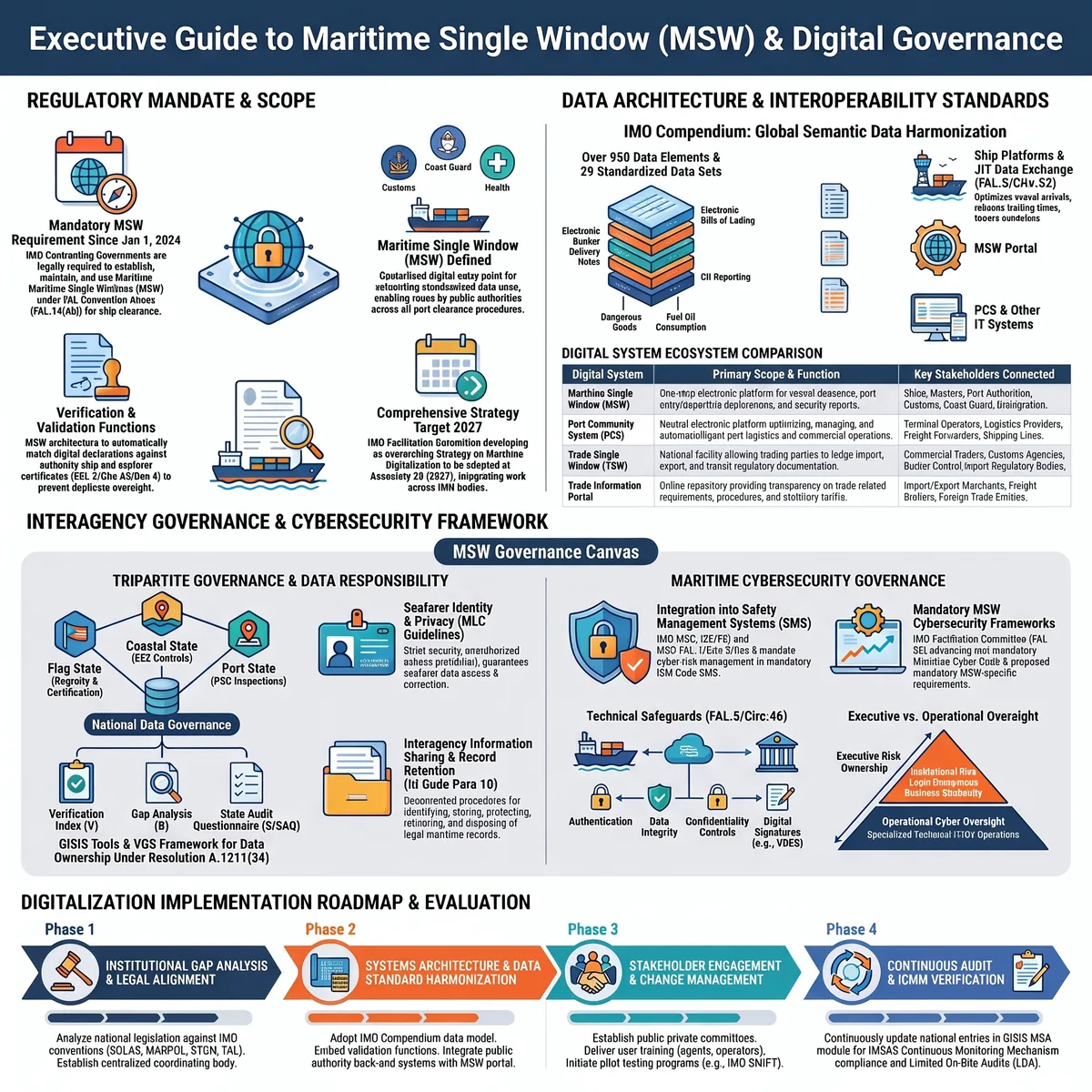 Executive guide infographic to the maritime single window: regulatory mandate since 2024, data architecture and interoperability, inter-agency governance and cyber security, and a four-phase implementation roadmap.