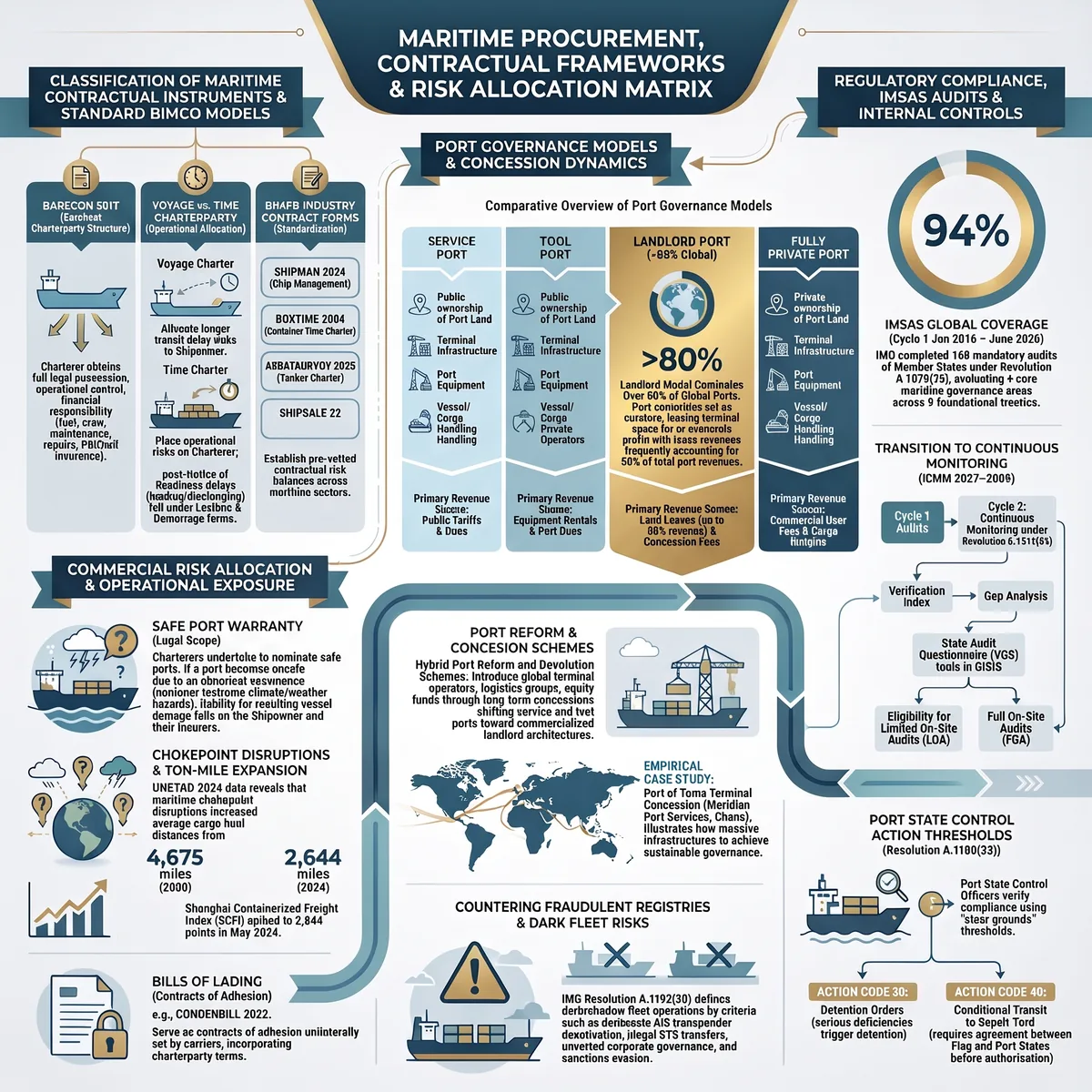 Infographic on maritime procurement and contract risk: standard BIMCO contract forms, service, tool, landlord and private port models, commercial risk allocation and regulatory controls.