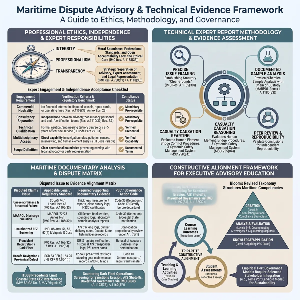 Infographic on maritime dispute advisory: expert ethics and independence checklist, technical evidence methodology, a matrix linking disputed issues to legal standards and evidence, and constructive alignment for executive education.