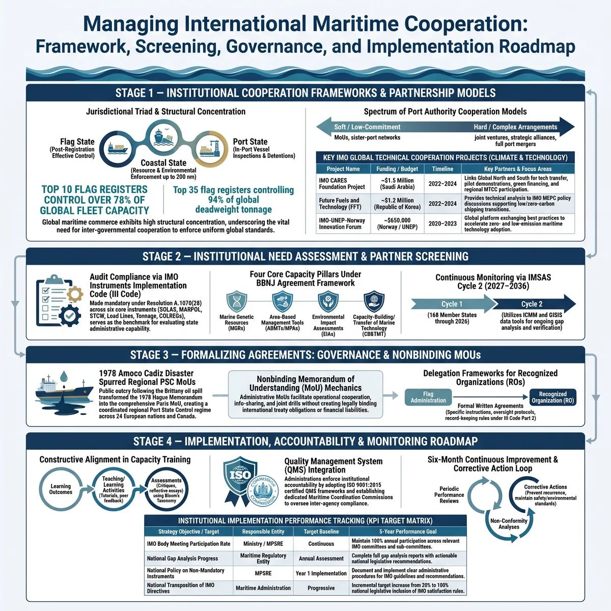 Four-stage infographic on managing international maritime cooperation: partnership models, needs assessment and partner screening, formal agreements and MoUs, and an implementation and KPI roadmap.