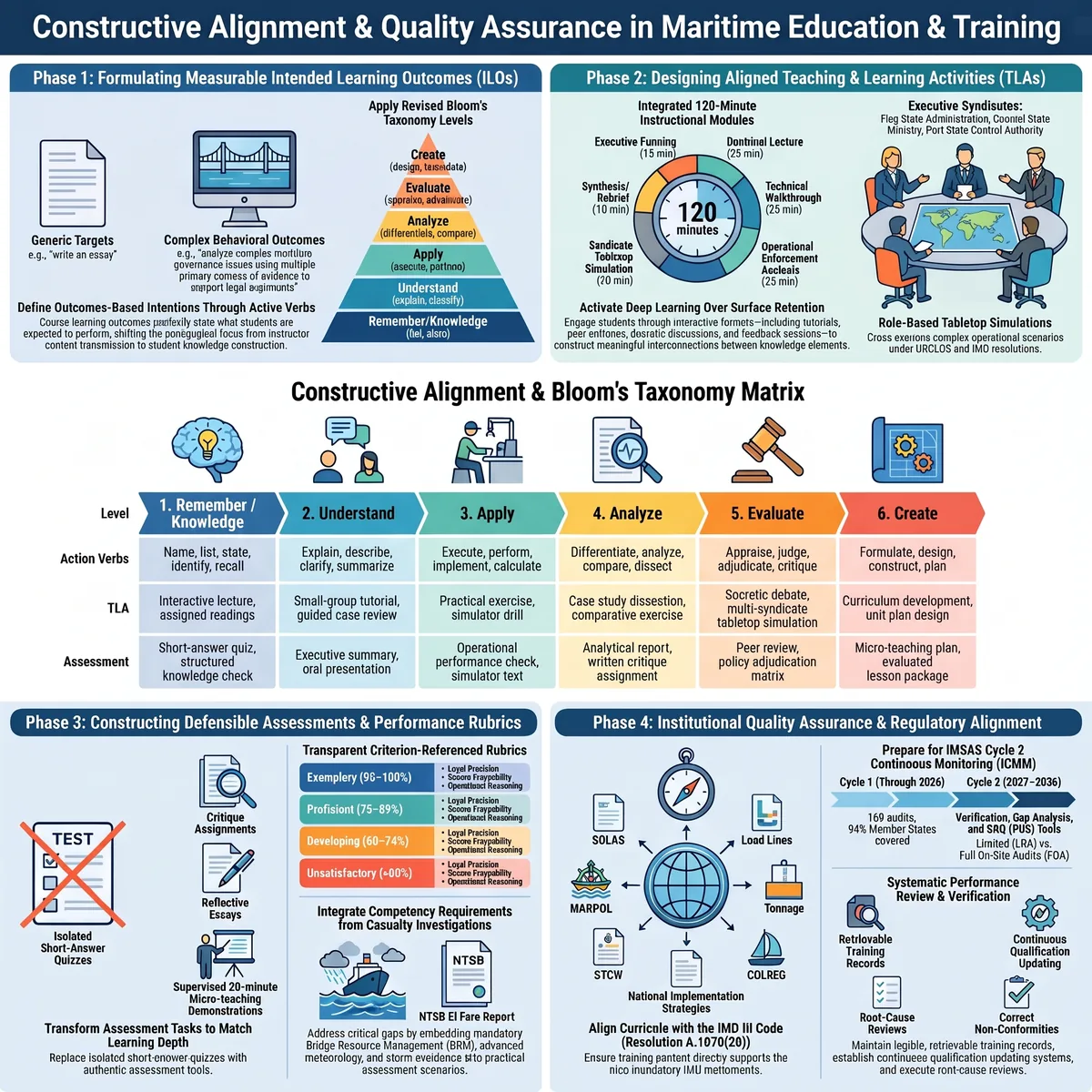 Infographic on constructive alignment and quality assurance in maritime education: learning outcomes and Bloom's taxonomy, aligned teaching activities, assessment rubrics and institutional quality assurance.